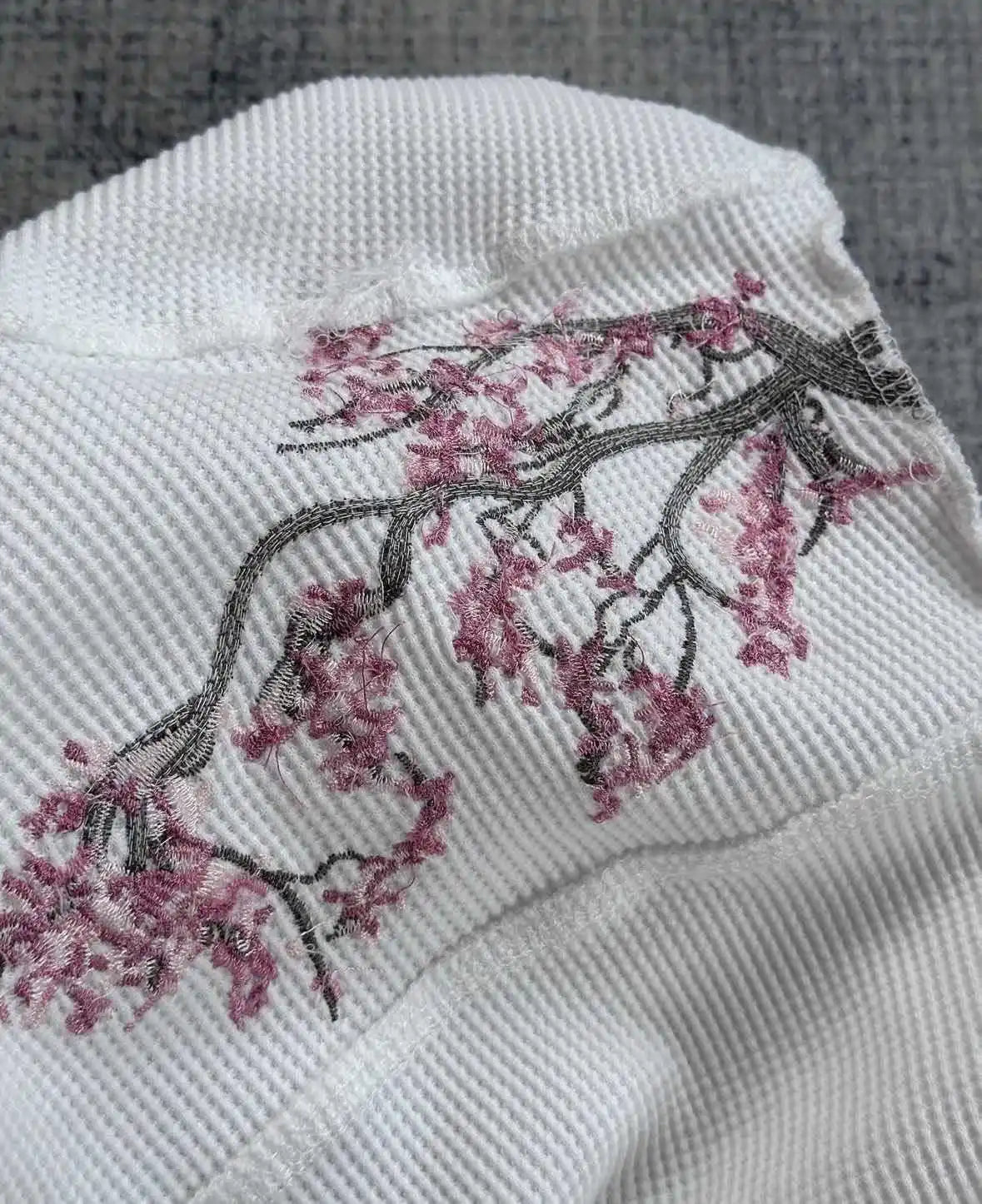 Deeptown White Cherry Blossom Embroidery Man Women T-Shirts Long Sleeve Oversized Waffle Tees Basic Harajuku Casual Streetwear