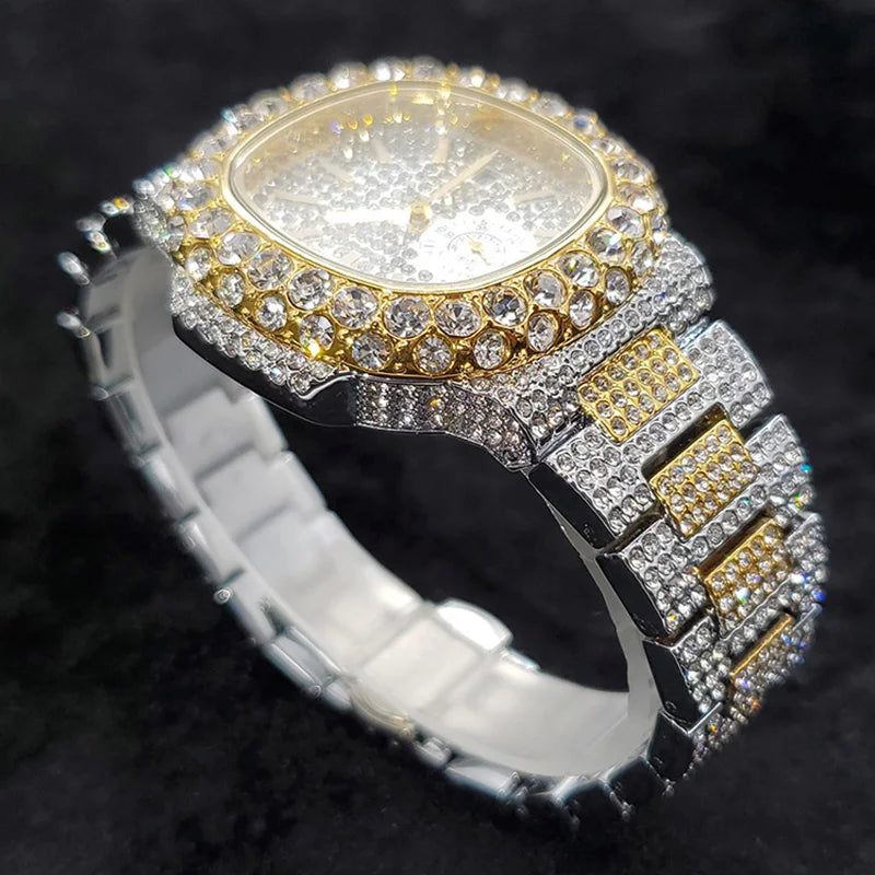 MISSFOX Iced Out Watch For Men Luxury Fashion Gold Quartz Watches Hip Hop High Quality Waterproof  Male Daimond Clock New Gift