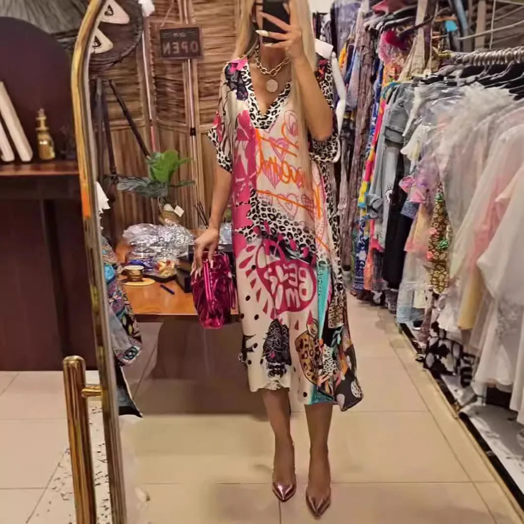 Leopard Print Shirt Dress Women Loose V Neck Summer Mid Calf Polyester