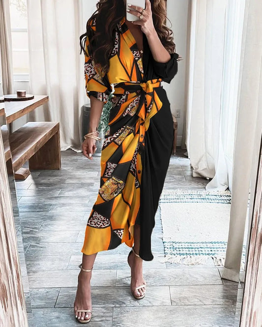 Chic Geometric And Leopard Print Patchwork Wrap Midi Dress With V Neck Rolled Up Sleeves Waist Tie And Button Detail For Party N