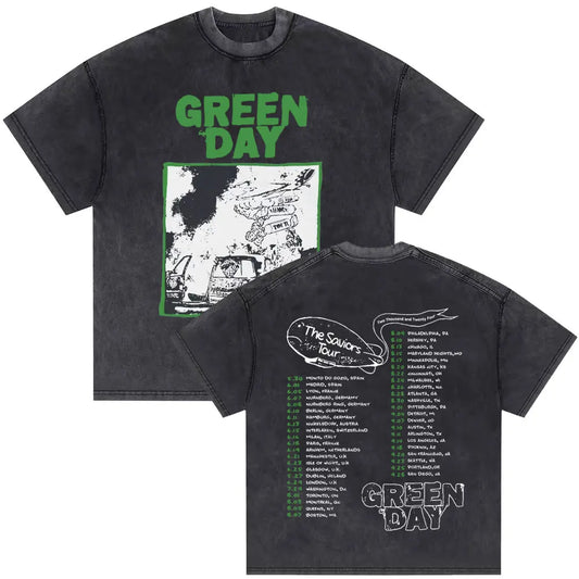 Washed Vintage Punk Band Green Day The Saviors Tour T-shirts Men Classic Gothic Rock T Shirts Male Oversized T-shirt Streetwear