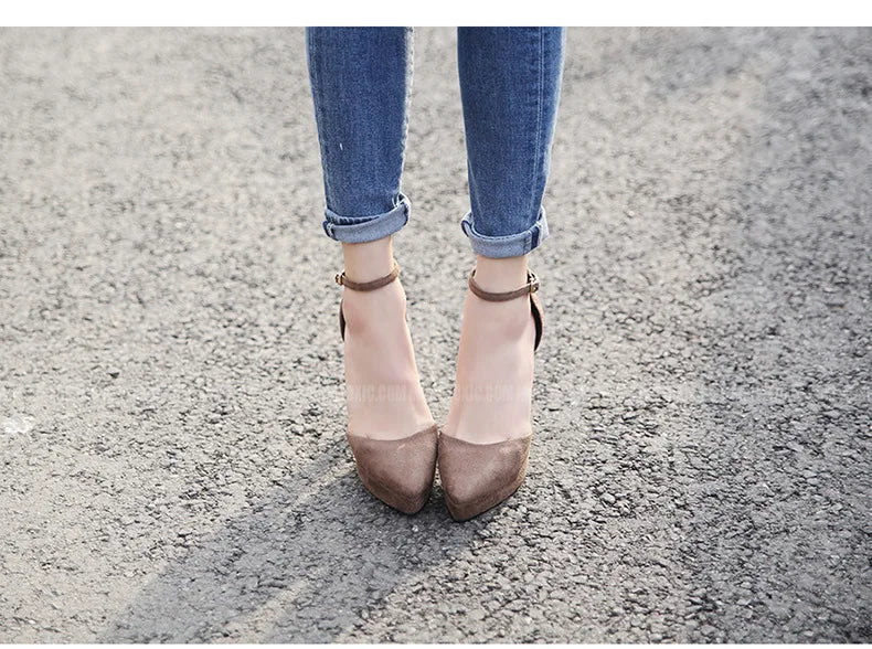 Black Platform Pumps for Women 14cm Spike Heels Ankle Strap Sexy Fashion High Heels Party Wedding Shoes Ladies