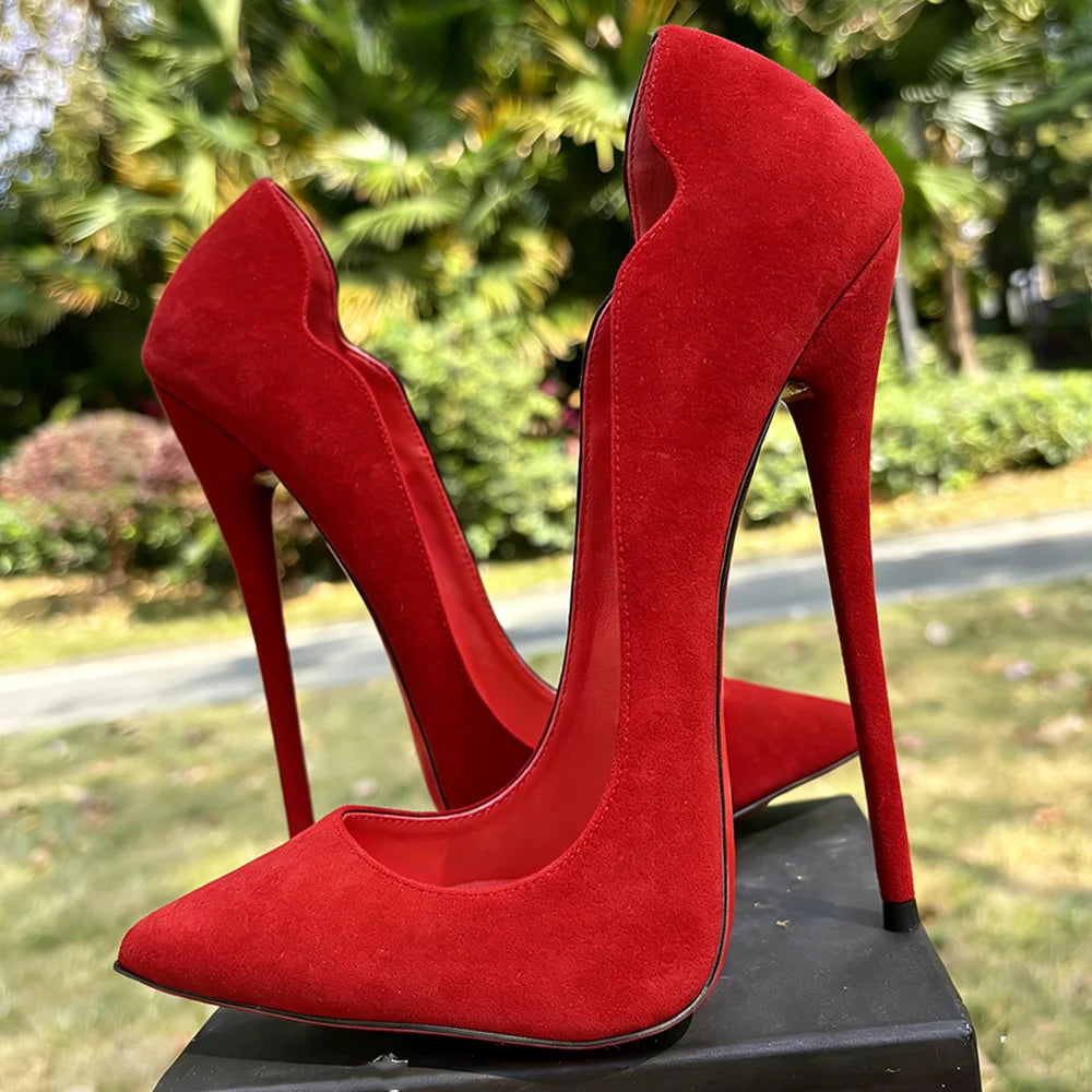 2026 Customize Side V Cut 16cm Ultra High Heels Matte Black Red inside Woman Pumps Curl Cut Slip on Pointed toe T-stage Shoes