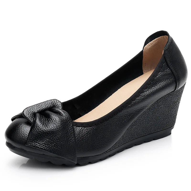 Genuine Leather 7cm High Heels Women Wedge Shoes Elegant Ladies Pure Black Beige Soft Comfortable