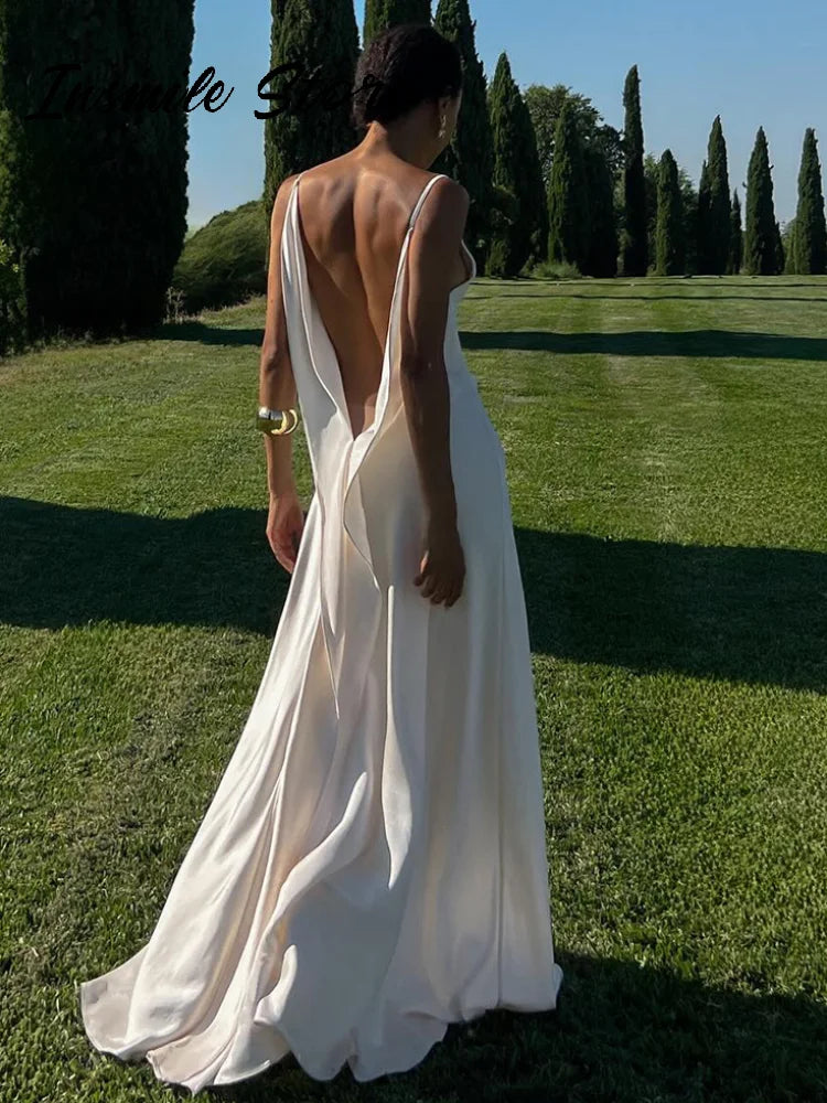 Sexy Backless Satin Women's Summer Dress V-neck Sleeveless Backless Slit Beach Sling Sundress 2026 Lady Chic Evening Party Robes