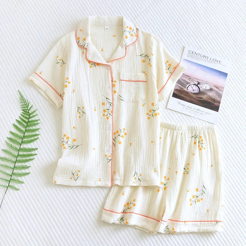 Women's short sleeve trousers home service cotton yarn thin pajama set spring and autumn cotton home service suit