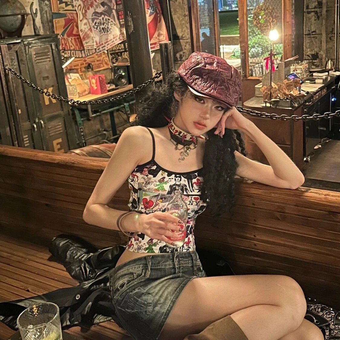 American style sweet and spicy graffiti Y2k Summer Girl 2000s Hot girl vest Crop Sexy Sling Tank Top Vintage Aesthetic Clothing