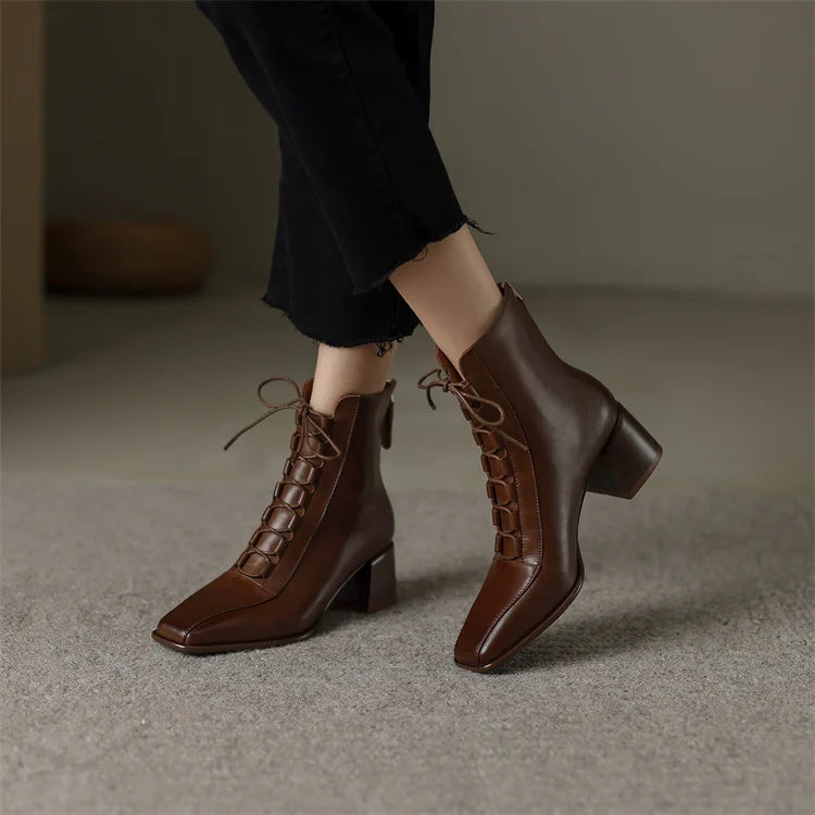2026 Fashion Women Shoes Split Leather Short Boots Square Toe Chunky Boots Winter Shoes Women Solid High Heel Boots for Women