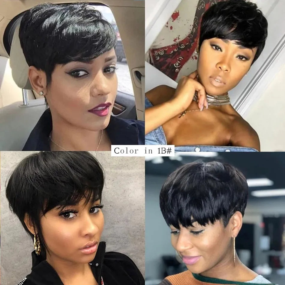 Short Human Hair Wigs Pixie Cut Straight perruque bresillienne for Black Women Machine Made Wigs With Bangs Cheap No Lace Wig