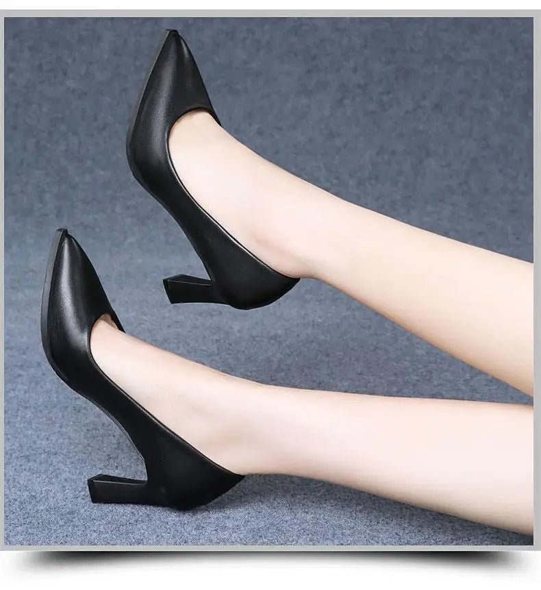 Black Women's Pumps 6-8cm Heel Soft PU Leather Non-slip Single Shoe Professional Interview High Heels Mid Heeled Work Shoes