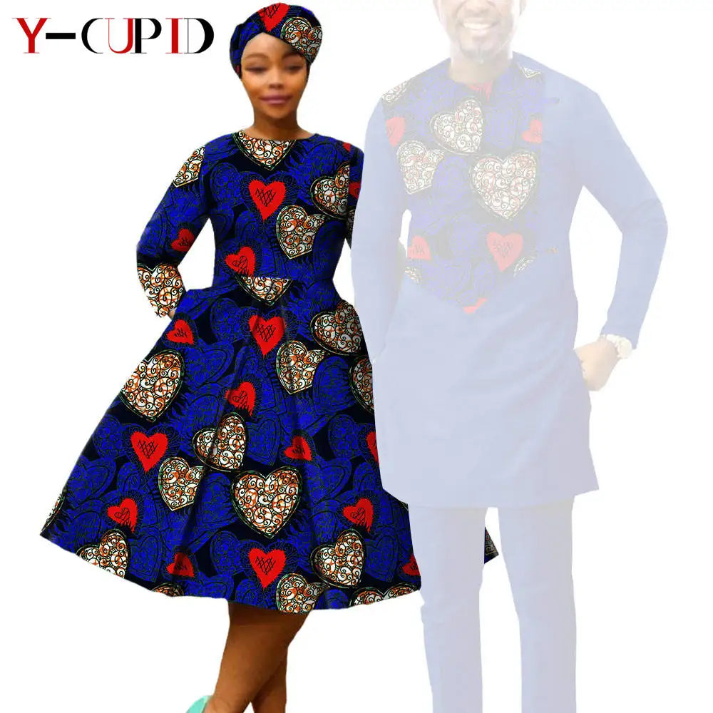 African Print Dresses for Women with Headwrap Matching Couple Outfits Dashiki Men Long Sleeve Pathwork Top and Pant Sets Y23C004
