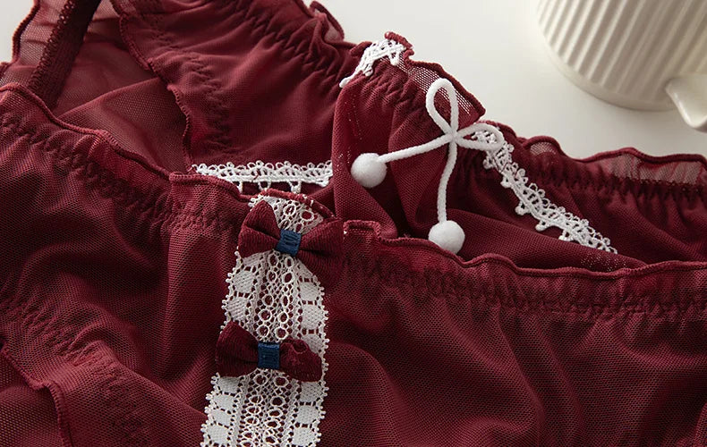 L-XL Women's Underwear Panty Sexy Lace Panties Bowknot Wine Red Brief Med Waist Seamless Underpants Female Lingerie Panties