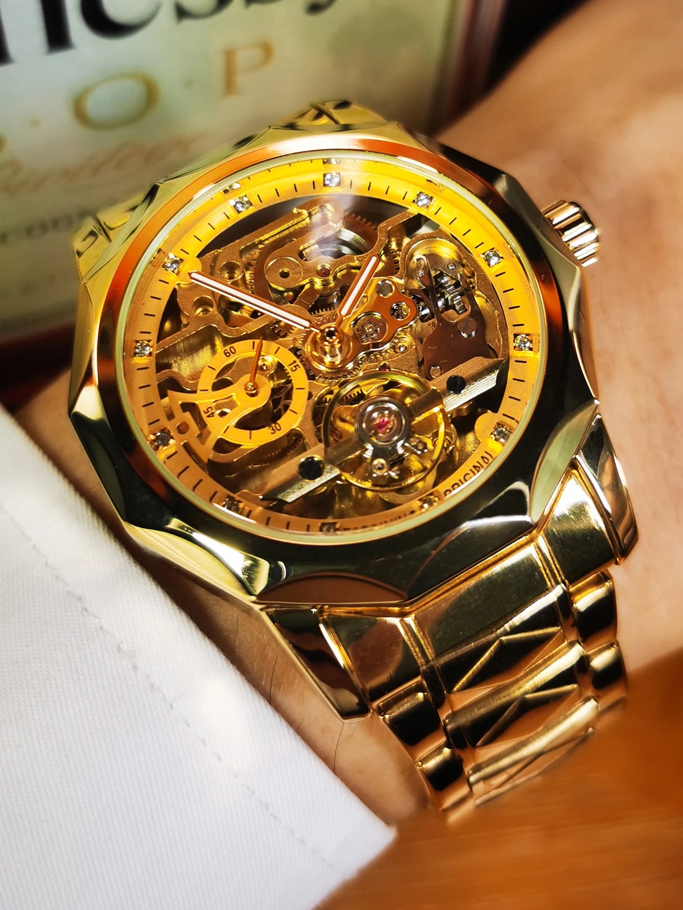 Forsining Fashion Tourbillon Skeleton Automatic Mechanical Watch for Men Luminous Hands Iced Out Watches Stainless Steel Strap