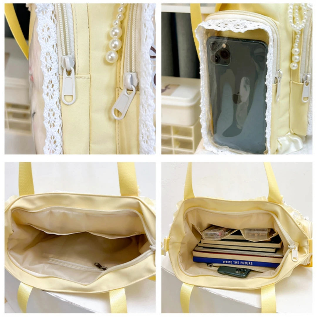 Sweet Lolita Single Shoulder Crossbody Bag Transparent Window Lace Ruffles Anime Badge Display Bag for Women