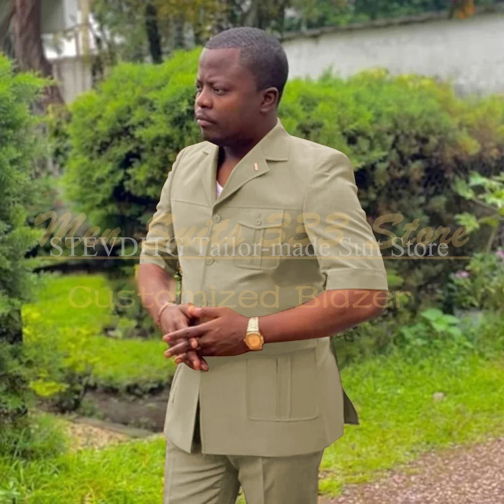 Safari Men Suits with Short Sleeve 2 Pieces Single Breasted Stand Notch Lapel African Fashion Style Set Jacket Pants