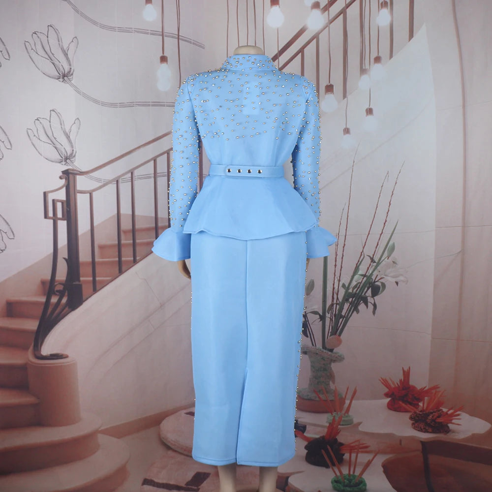 Fashion Suit African Dresses for Woman Rhinestone Turkey Dresses for Women Luxury High Quality Mesh Fabric African Beaded Dress