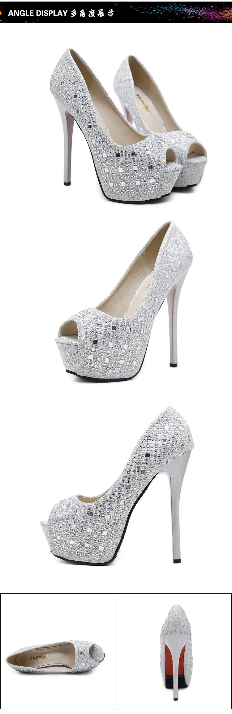 Fashion Women Super High Heels Pumps Waterproof Platform 4cm Fish Mouth Design Peep Toe Shoes Glitter Sequin Cloth Single Shoes