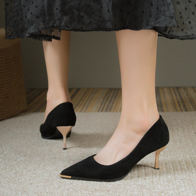 NEW Women's Style Banquet Fashion Light Luxury 6 8cm High Heels Pumps Stiletto Metal Pointed Suede Single Fashion Casual comfort