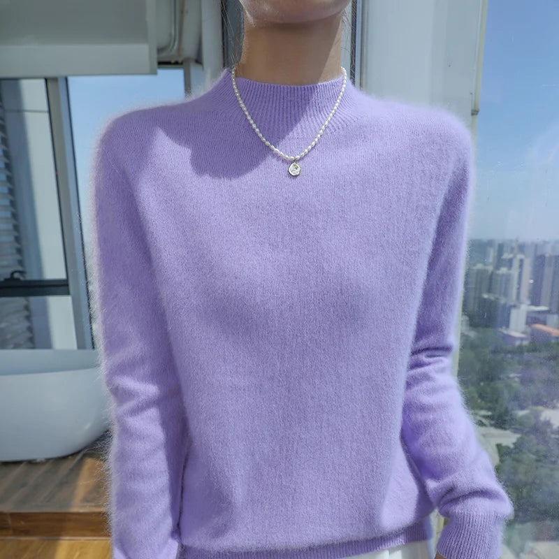 2024 Autumn And Winter New Women's Semi High Neck New Fashion Mink Sweater Long Sleeved Loose Sweater Slimming Knit Sweater Base
