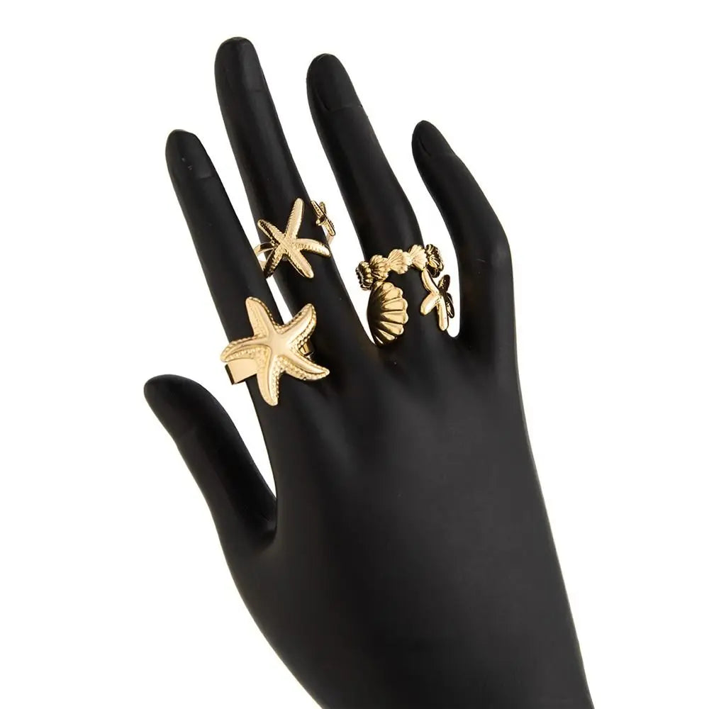 Starfish Scallop Adjustable Open Rings Gold Geometric Design Rings for Women Vacation Style Irregular Beach Jewelry Accessories