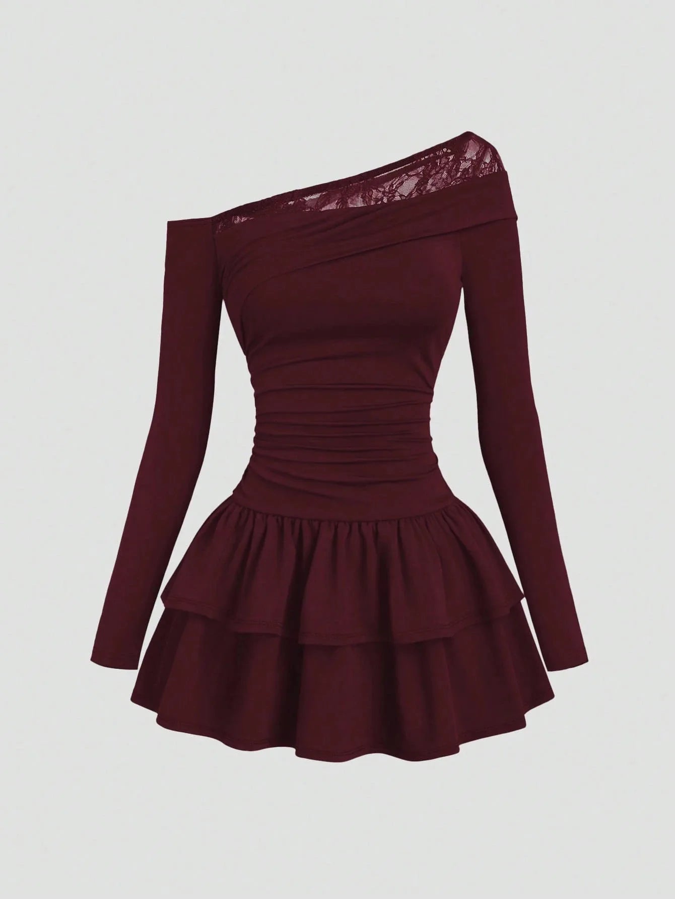 New trendy frilled waistline long-sleeved dress solid color and sexy lace trim fitted shoulders trendy punk style knitted skirt