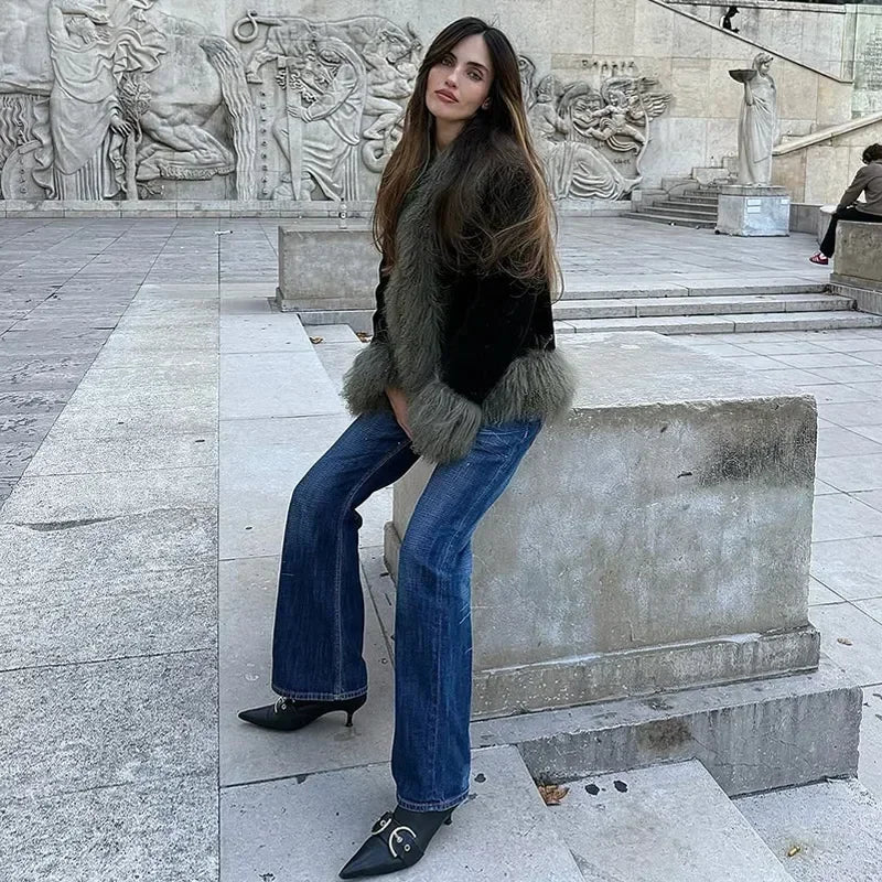 Vintage Patchwork Women's Faux Fur Trim Coat Urban Lapel Full Sleeve Female Jacket Female 2026 Autumn Winter Lady Streetwear New