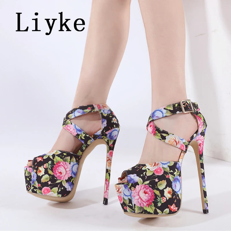 Liyke Runway Sweet Style Sexy Peep Toe 16CM Extreme High Heels Strip Pole Dance Shoes Fashion Print Flowers Platform Women Pumps