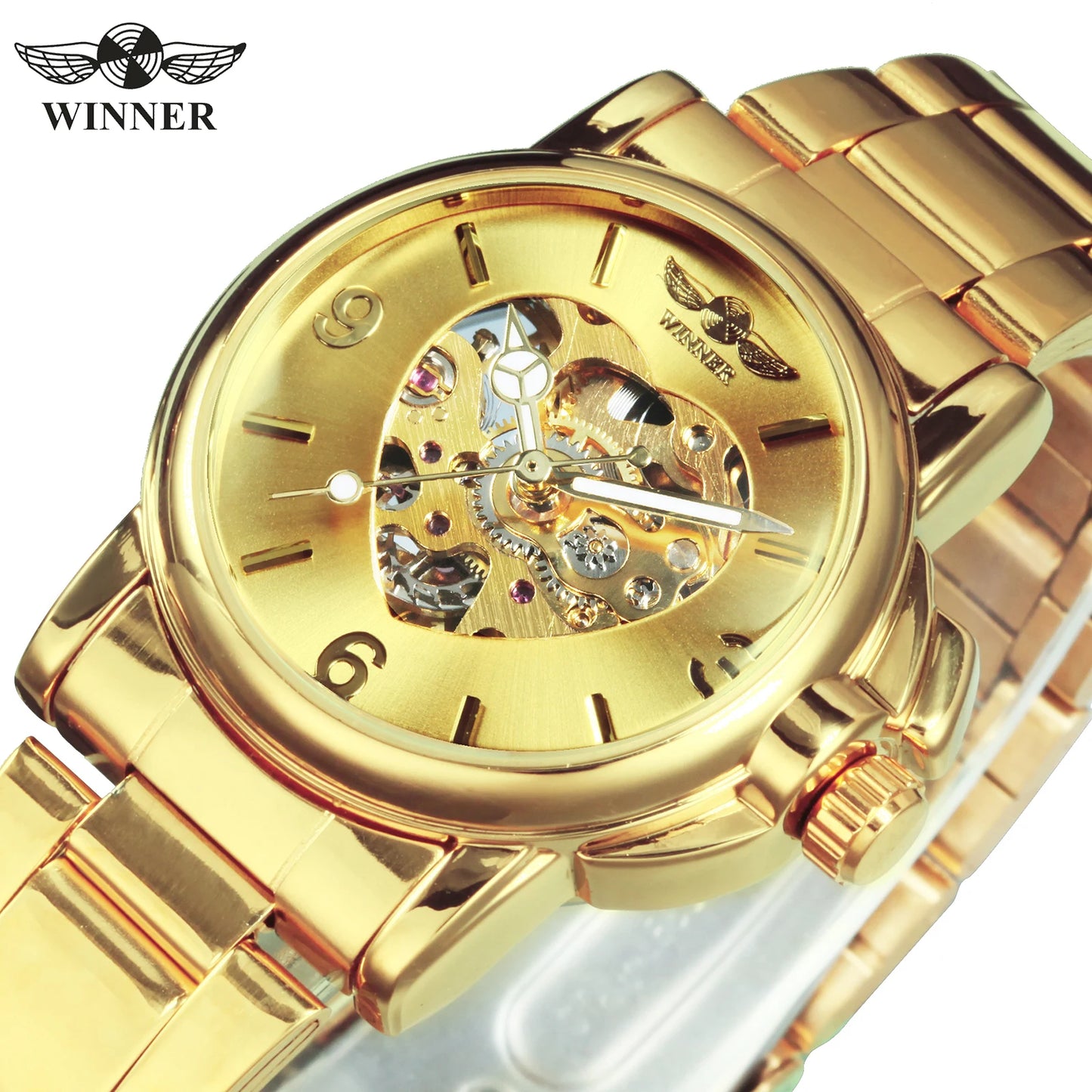 WINNER Fashion Elegant Ladies Watches Top Brand Luxury Skeleton Gold Automatic Mechanical Watch for Women Stainless Steel Strap