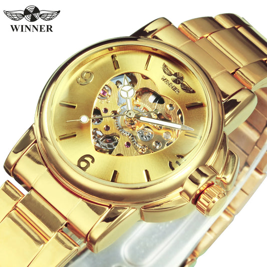 WINNER Fashion Elegant Ladies Watches Top Brand Luxury Skeleton Gold Automatic Mechanical Watch for Women Stainless Steel Strap