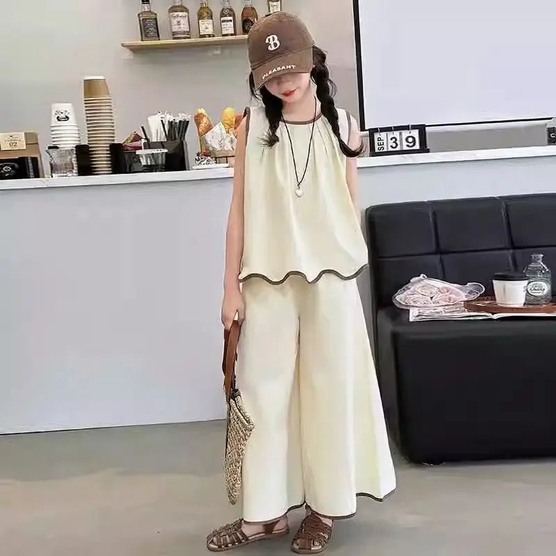 Girls Clothing Sets Fashion Summer Kids Loose Sleeveless Tshirts + Wide Pants 2PCS Casual Children Clothes 6 8 10 12 14 Years