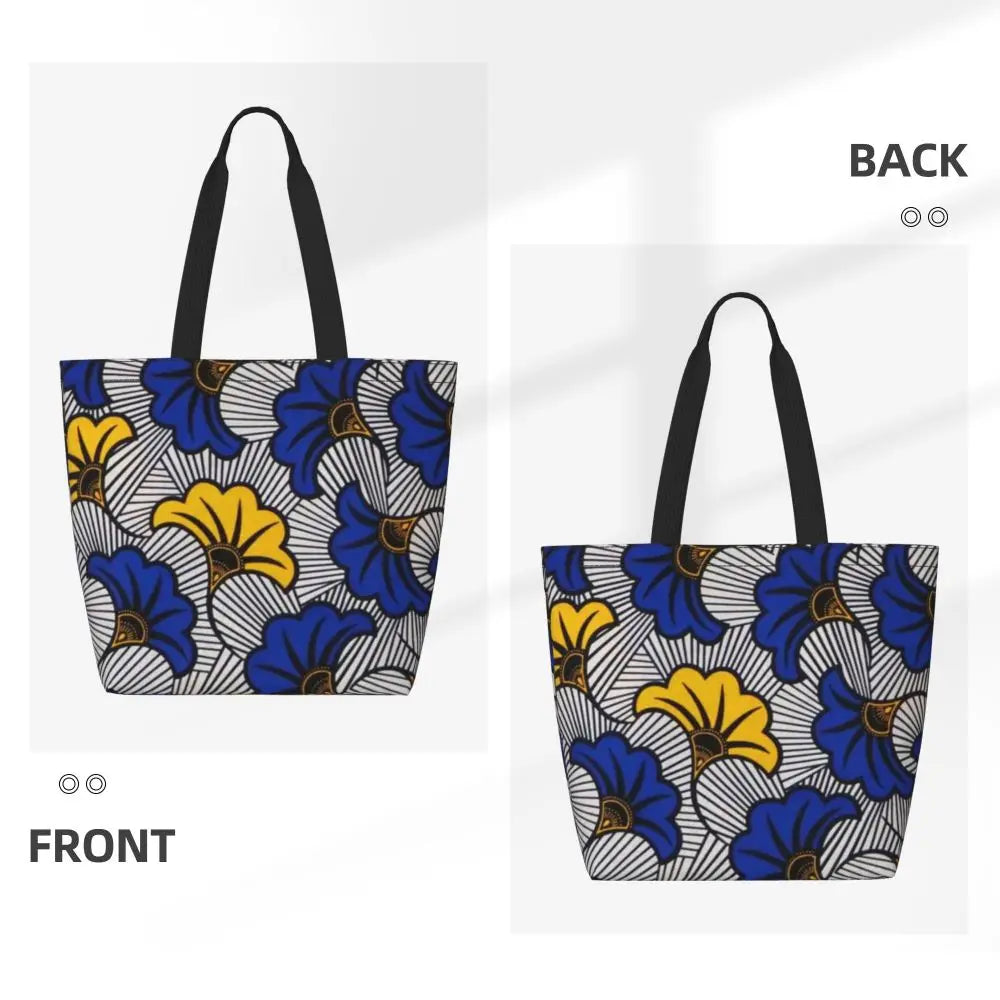 African Ankara Prints Grocery Shopping Tote Bags Women Geometric Ethnic Art Canvas Shoulder Shopper Bags Big Capacity Handbag