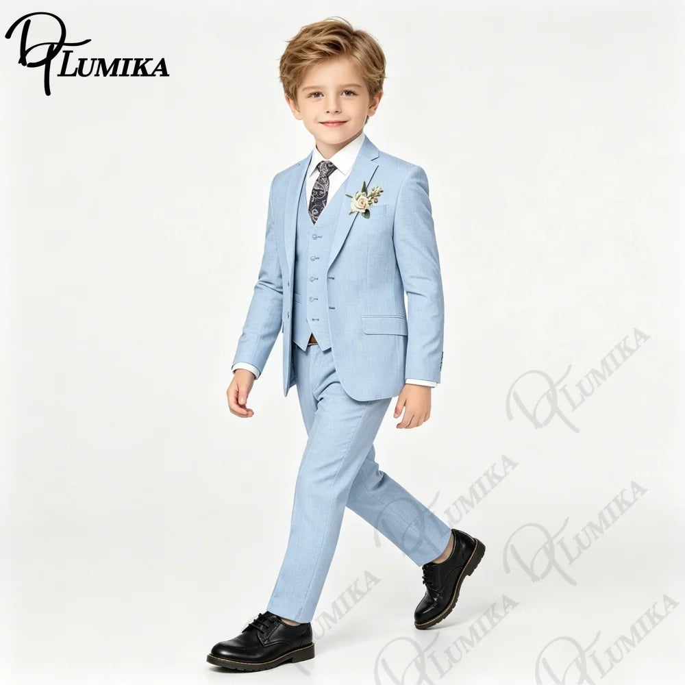Handsome Linen Boys Suit 4-Piece Set with Floral Bow Tie 2026 Classic Formal Blazer Vest Pants for Ring Bearer Wedding Party