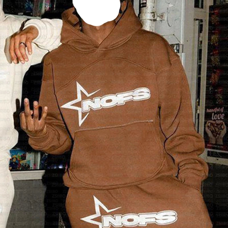 NOFS Letter Embroidery Fashion Brand Loose Oversized Hoodie Y2K Hip-Hop Streetwear women Pullovers Casual Top Pants Sportswear