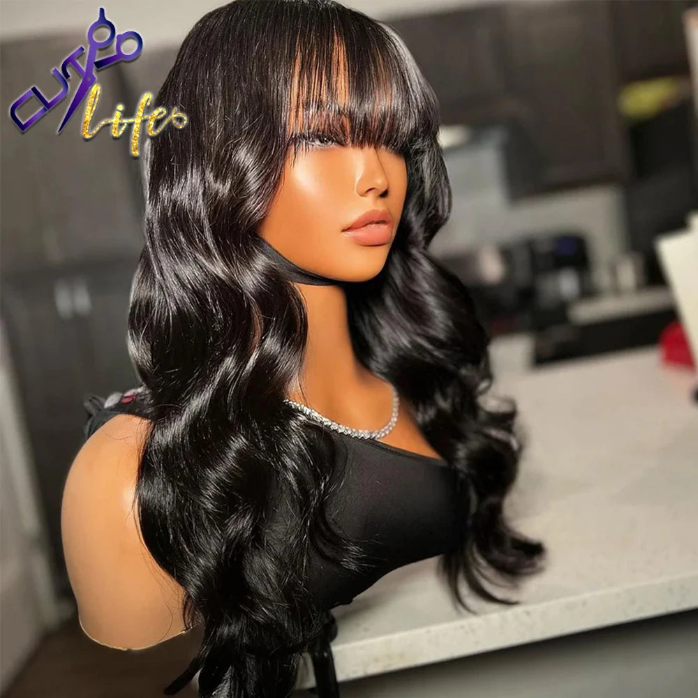 HD Lace Pretty Ombre Brown Body Wave Wig With Bangs 7x5 HD Lace Glueless Wig Cheap Human Hair 4x4 5x5 Invisi HD Glueless Wigs