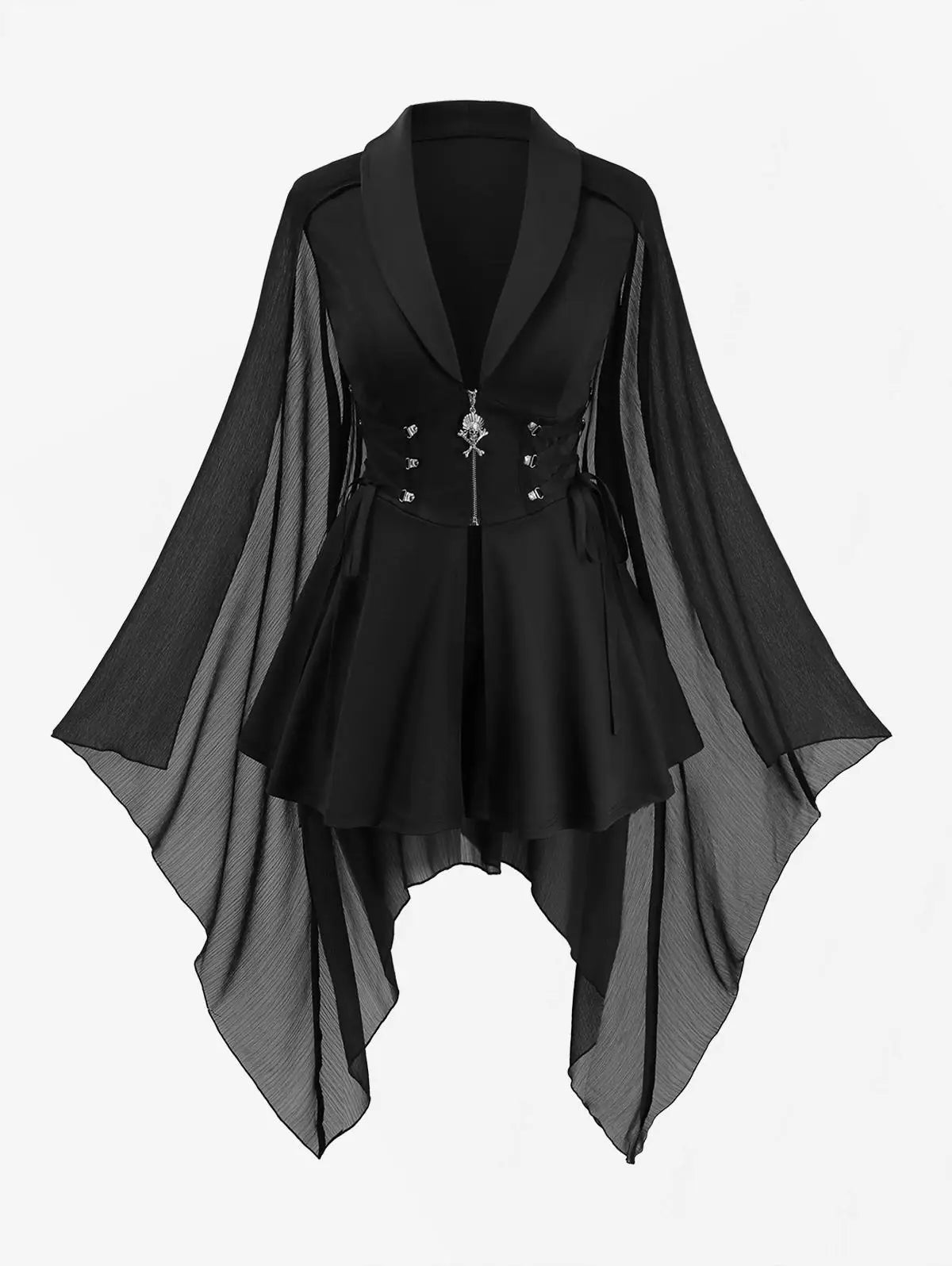 Gothic Coats For Women Plus Size Black Lace Up Skull Zipper Chiffon Bat Sleeves Coat Spring Autumn SY2 Outwears