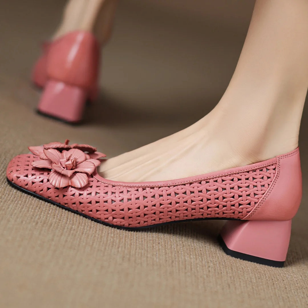 Plus size 41 women's hollow-out sheepskin square toe slip-on pumps 4cm thick med heel elegant ladies flower summer heels sandals