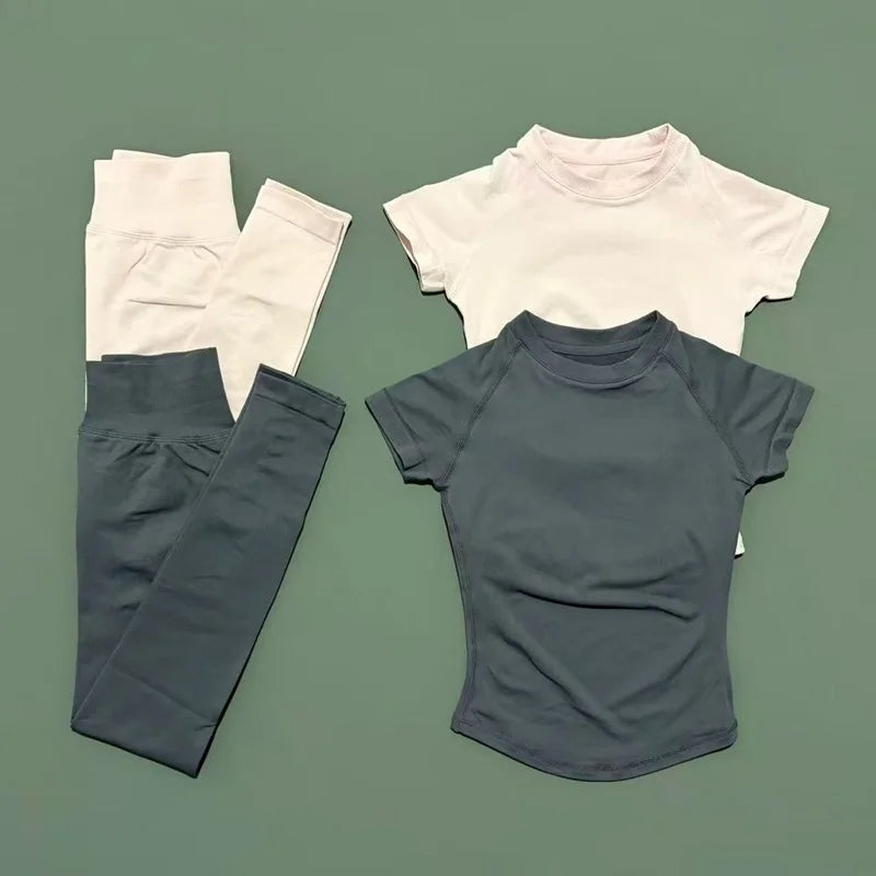 2 Pieces HISTELLO Yoga Set Women Short Sleeve Crop Top Low Waist Butt Lifter Leggings Seamless Breathable Stretch Fitness Sets