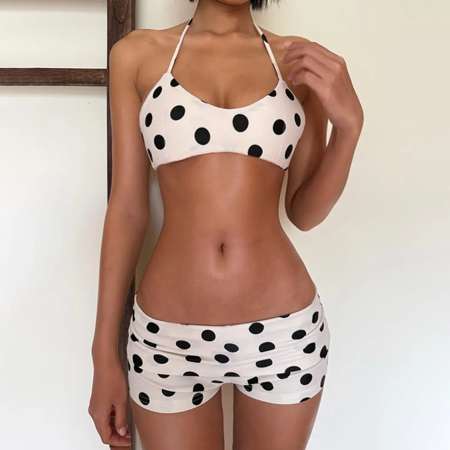 Women 2 Piece Bikini Set  Y2k Neck-wearing Bikini Sexy Polka Dot Spice Girls Shorts Beachwear Summer Holiday Low Waist Shorts