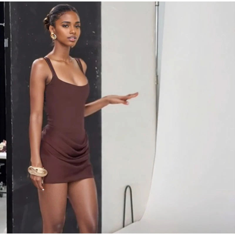 Chic Brown Pleated Hem Mini Dress Women's Elegant U-neck Sleeveless Back Bandage Slim Vestidos 2026 New Summer Lady Party Gown