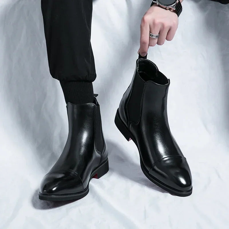 Chelsea Boots for Men Red Sole Pu Ankle Business Round Toe Slip-On Mens Boots Size 38-46 Men Shoes