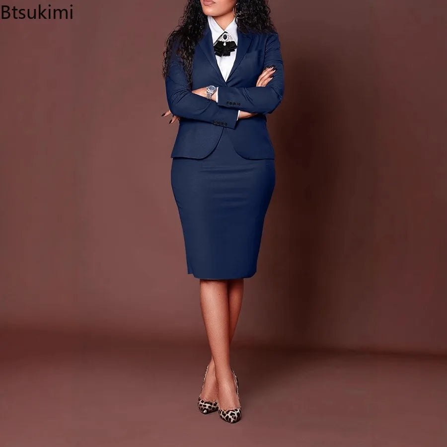 2026 Women Two Pieces Elegant Dress Sets Long Sleeve Suit Tops and Wrap Hip Midi Skirt Office Lady Outfits High Street Women Set