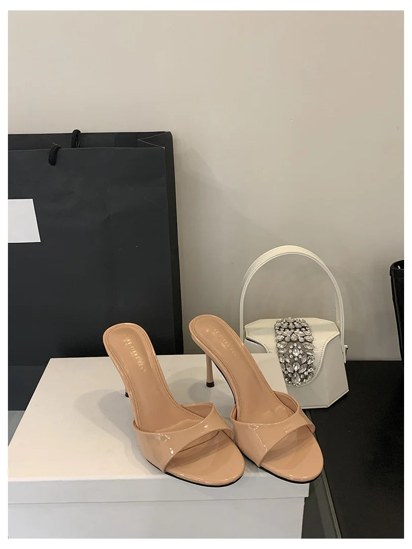 2026 Fashion Sexy Thin High Heels Slides Women Open Toe Pumps Slip Sandal Female Slippers Mule Patent Leather Outdoor Flip Flops