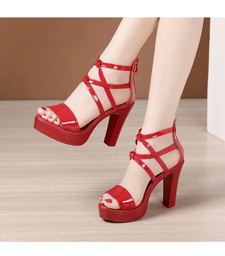 10cm Small Size 32-43 Elegant Bandage High Heels Gladiator Sandals Summer 2024 Silver Red Wedding Shoes Platform Office Model