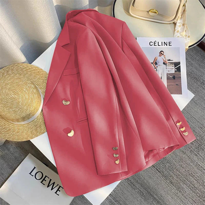 Vintage Double-breasted Blazers Jacket Women Elegant Temperament Metal Buttons Blazer Coat Ladies Long Sleeve Black Outerwear