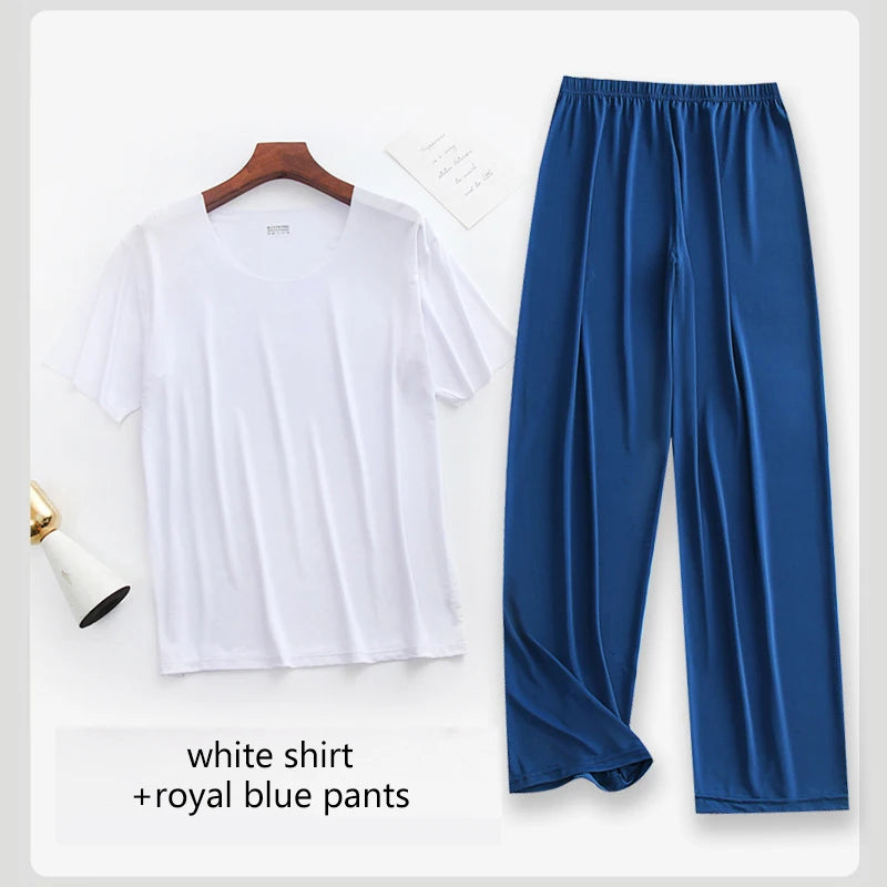 2Pcs/set Mens Ice Silk Short Sleeves T-Shirt & Long Pants Cool Thin Sleepwear Male Summer Pyjamas Home Clothing Nightwear Suit