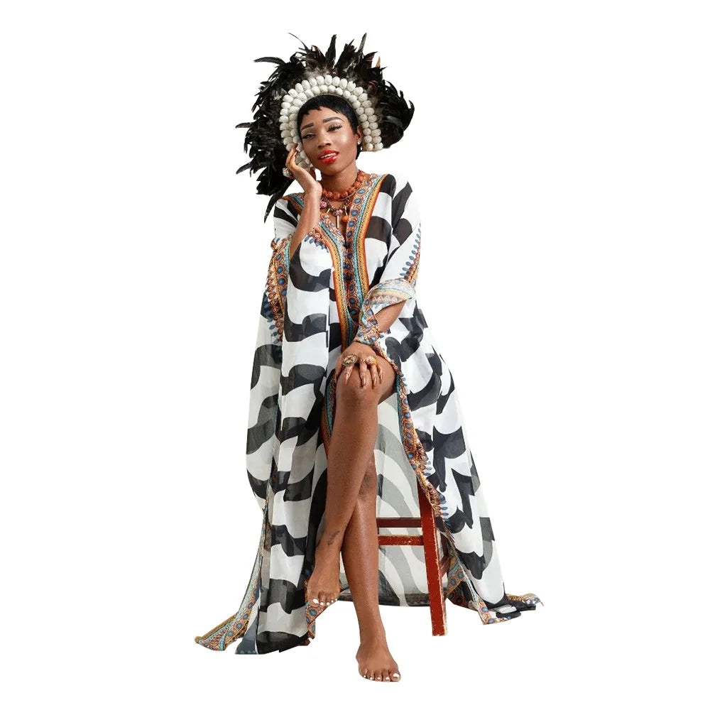 African Dresses for Women See-Through Chiffon Sexy V-neck Bohemian Printing Maxi Dresses Africa Kimono Bikini Holiday Beachwear