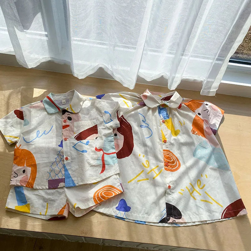 Loose Fit Summer Kids Clothes Set Girls Cute Graffiti Dress Boys Short Sleeved Shirt Children Thin Brother Sisters Outwear Suit
