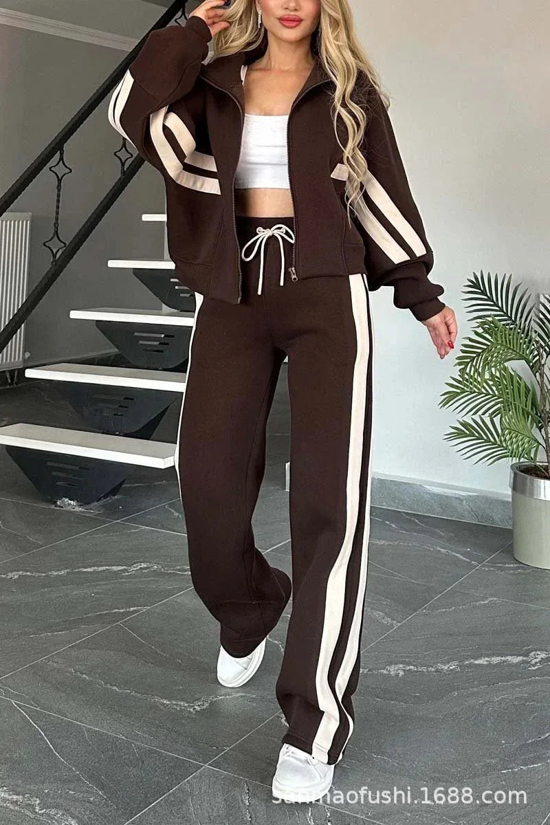 Y2K Striped Zipper Coat+sweatpants Two Piece Set Women Casual Batwing Sleeve Sports Jacket Outfits Autumn Winter Sweatshirt Suit