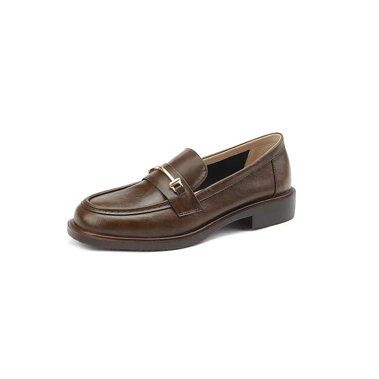 Ochanmeb Natural Leather Loafers Flat Shoes Women Brand Metal Chain Round Toe Slip-ons Flats Ladies Casual Creepers Moccasins 40