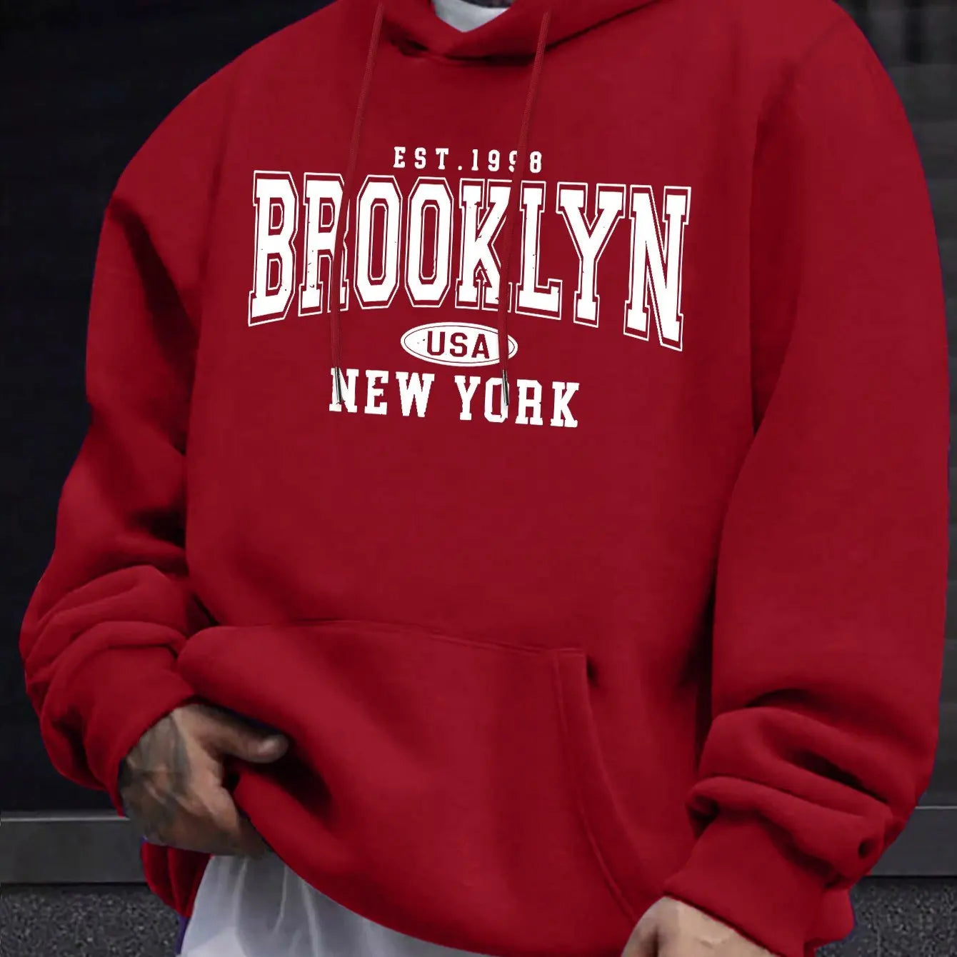 Men's autumn and winter casual fashion loose Brooklyn New York letter printed long sleeved hooded sweatshirt warm pullover BAZAARHUBO